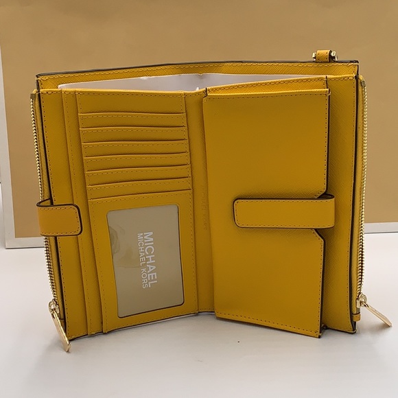 MICHAEL KORS LARGE DOUBLE ZIP WRISTLET WALLET JASMINE YELLOW COLOR - Picture 3 of 13